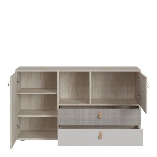Canvas 2 Door 2 Drawer Sideboard in Light Walnut, Grey Fabric Effect and Cashmere