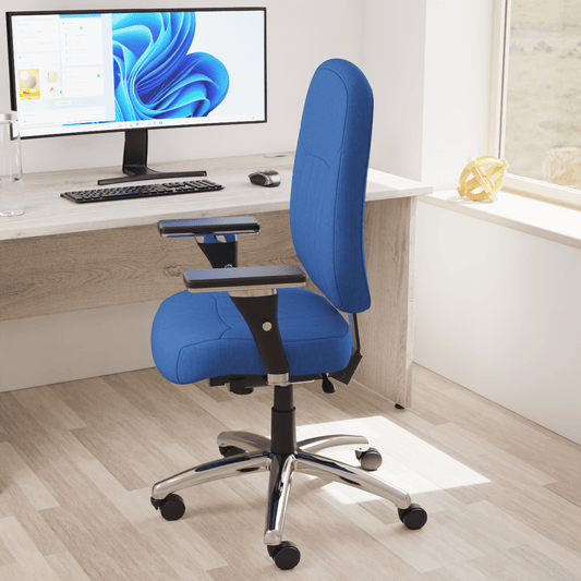 Barcelona Deluxe High Back Task Operator Office Chair with Arms, Blue Fabric, Chrome Frame, 158kg Capacity, 24hr Usage - Flat Packed