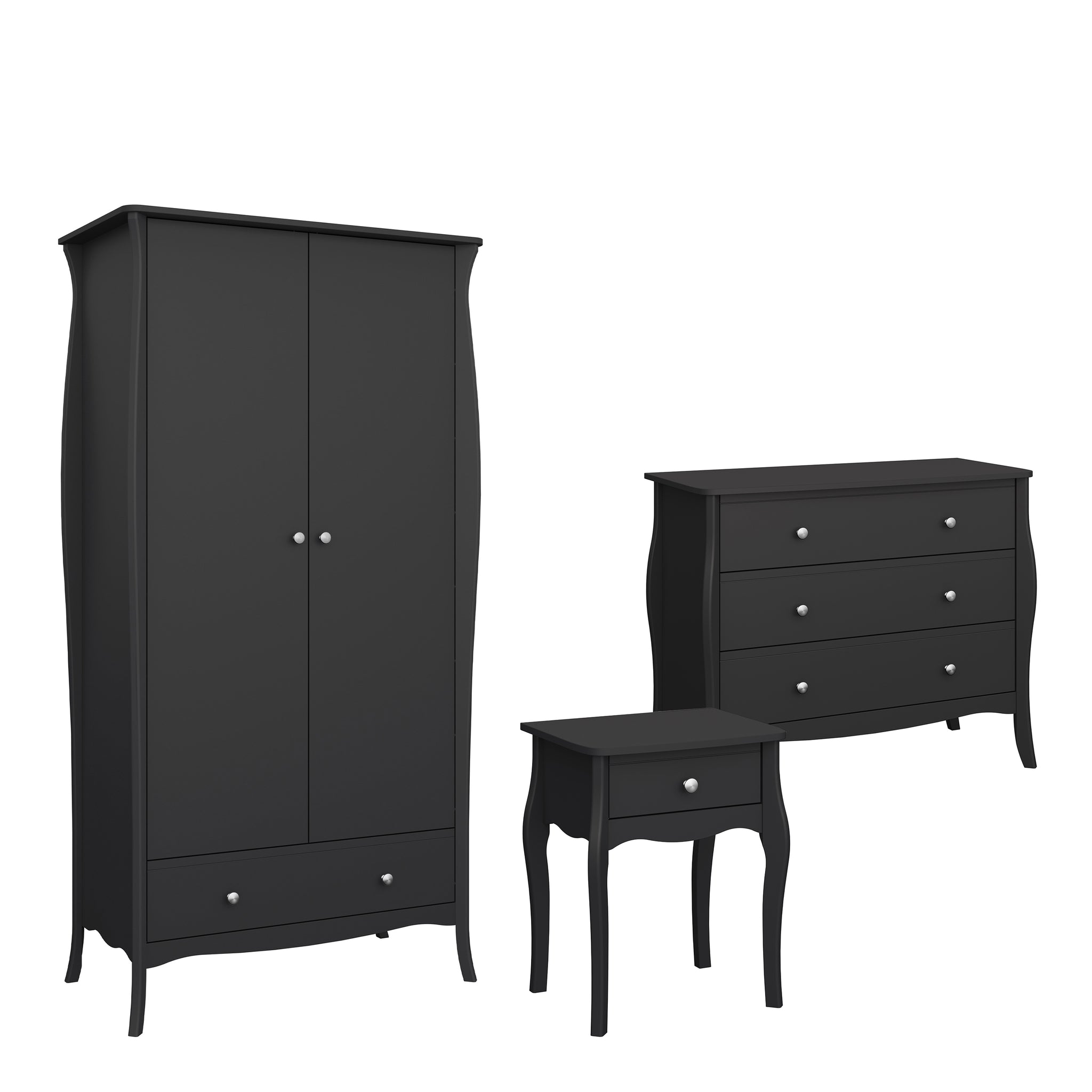 Rococo Nightstand + 3drw Wide Chest + 2dr 1Drw Robe Black