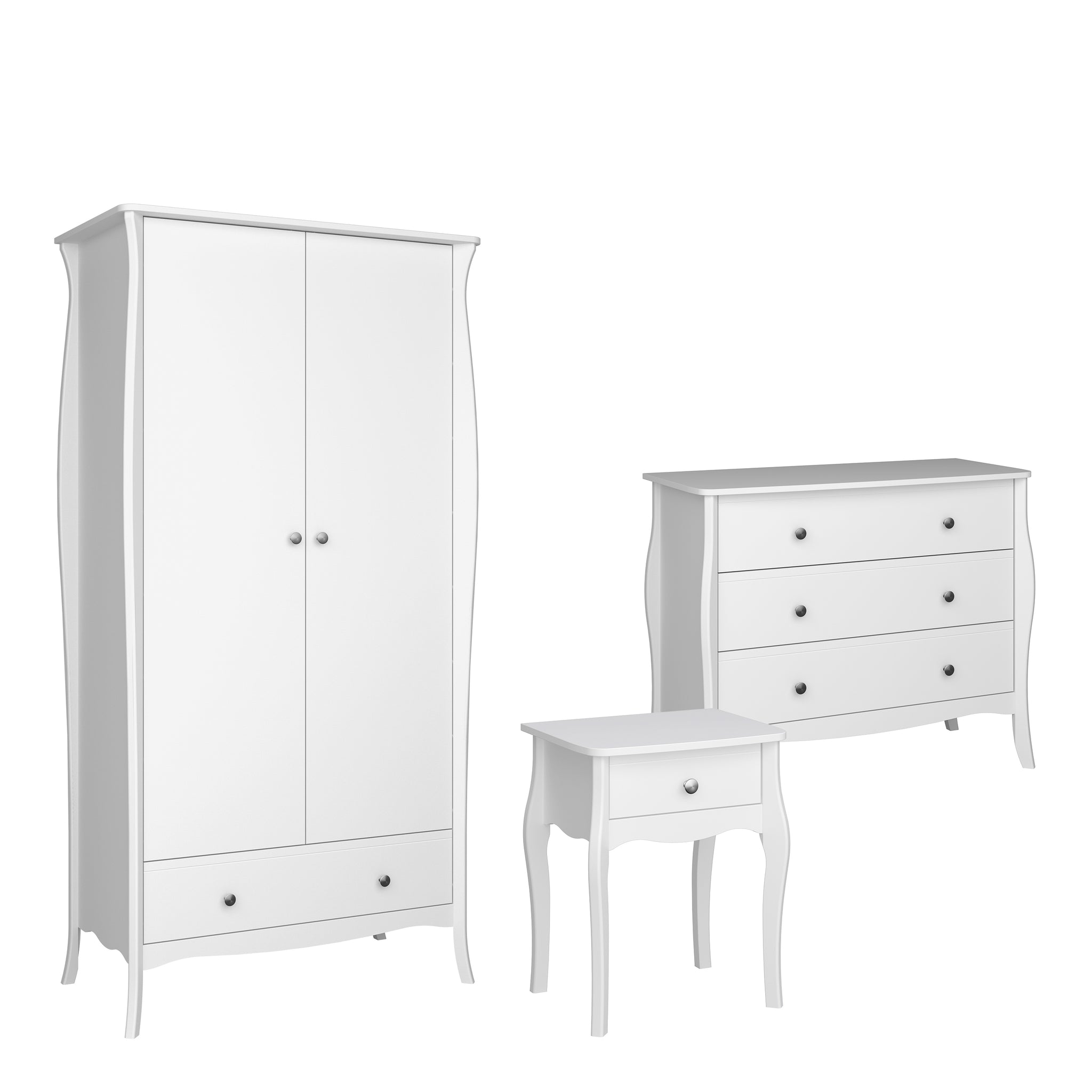 Rococo Nightstand + 3drw Wide Chest + 2dr 1Drw Robe White