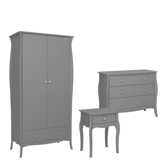 Rococo Nightstand + 3drw Wide Chest + 2dr 1Drw Robe Grey