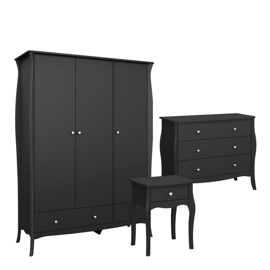 Rococo Nightstand + 3drw Wide Chest + 3dr 2 Drw Robe Black