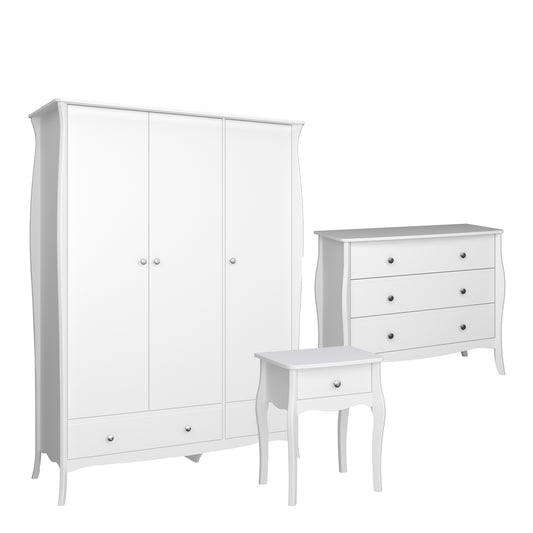 Rococo Nightstand + 3drw Wide Chest + 3dr 2 Drw Robe White