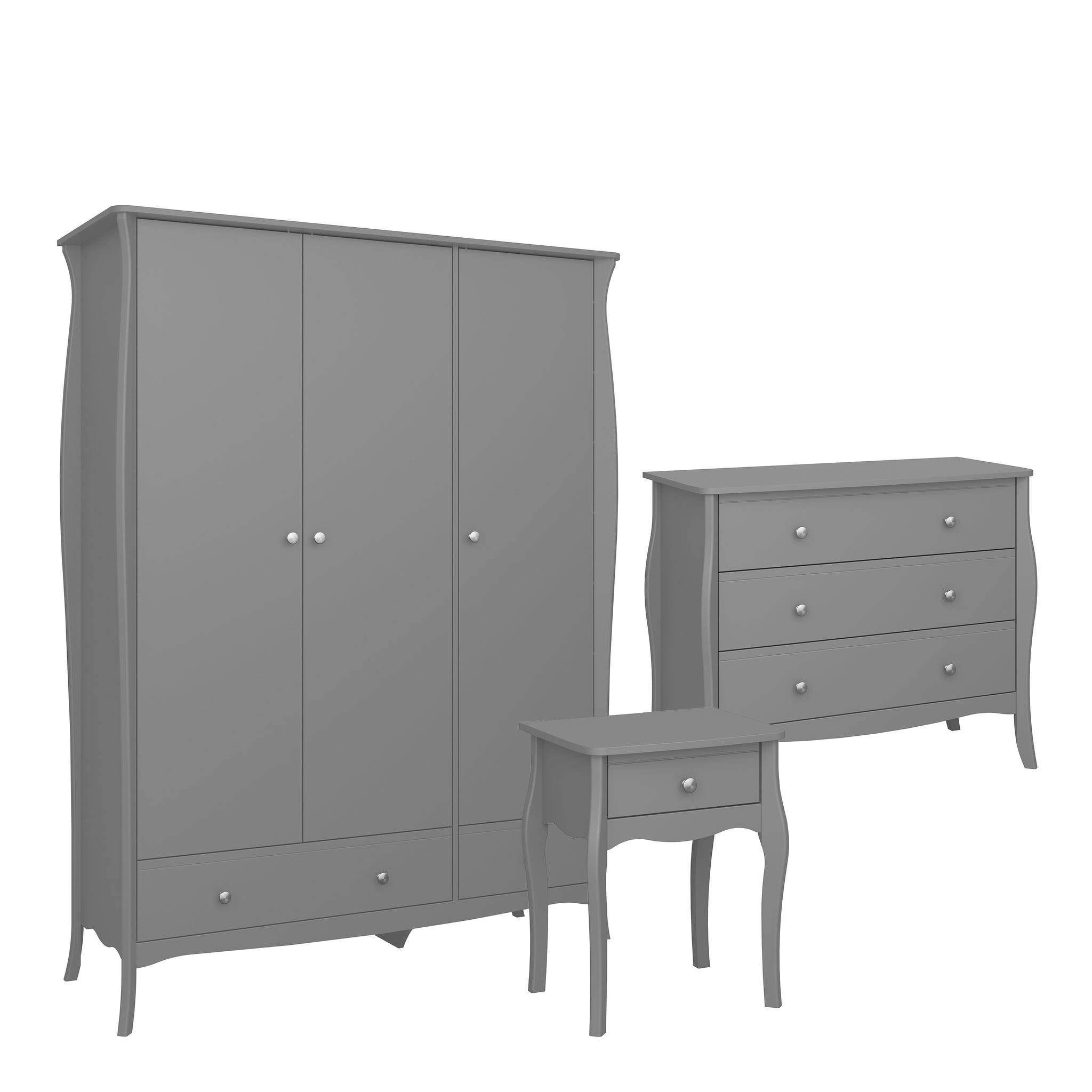Rococo Nightstand + 3drw Wide Chest + 3dr 2 Drw Robe Grey