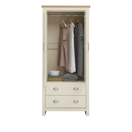 Lando Series 2 Piece Bedroom Set | Cream 2 Door Wooden Wardrobe & 1 Drawer Wooden Bedside Table with Elegant Steel Handles and Contrasting Oak Effect Top