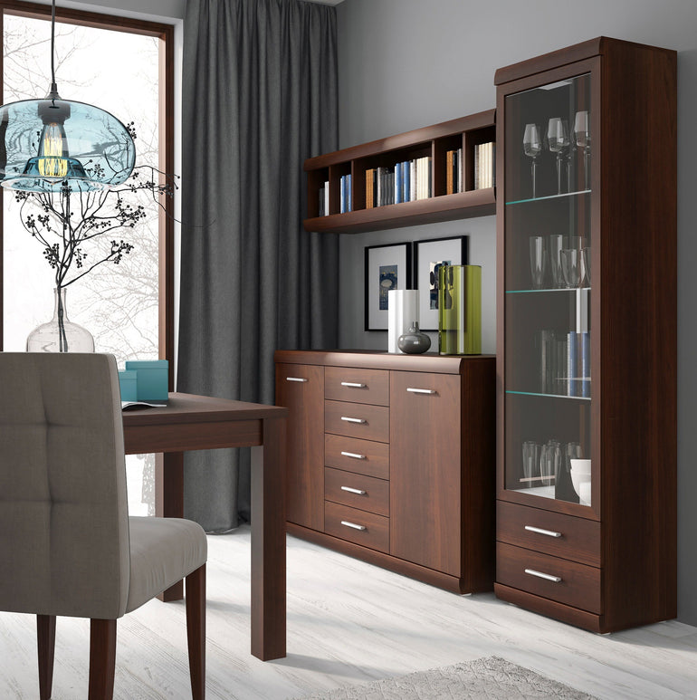 Sovereign Tall Glazed 1 Door 2 Drawer Narrow Cabinet in Dark Mahogany Melamine