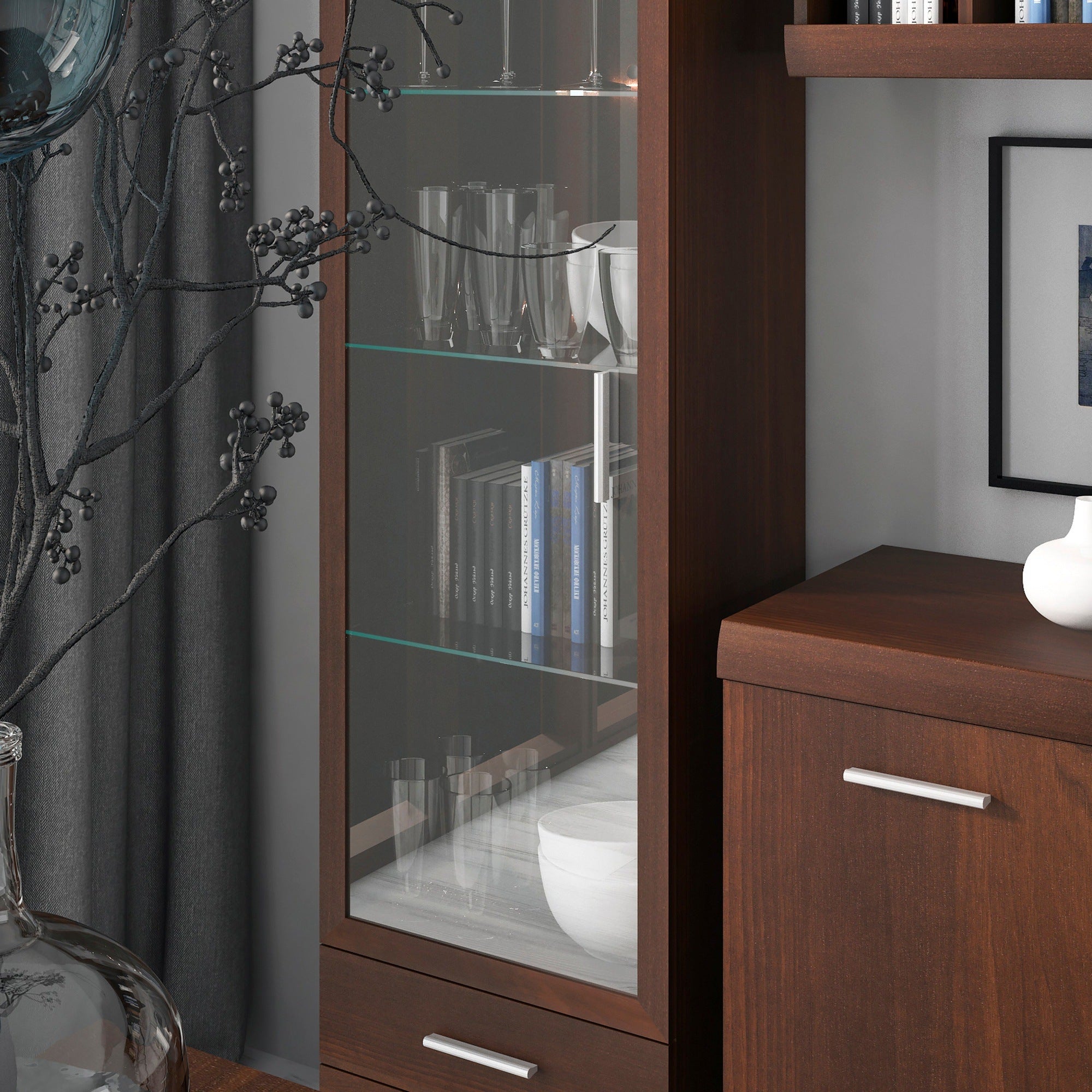 Sovereign Tall Glazed 1 Door 2 Drawer Narrow Cabinet in Dark Mahogany Melamine