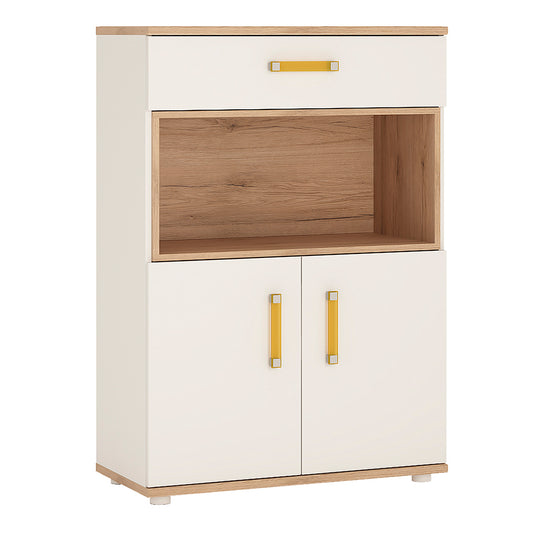 To Play 2 Door 1 Drawer Cupboard with open shelf in Light Oak and white High Gloss (orange handles)