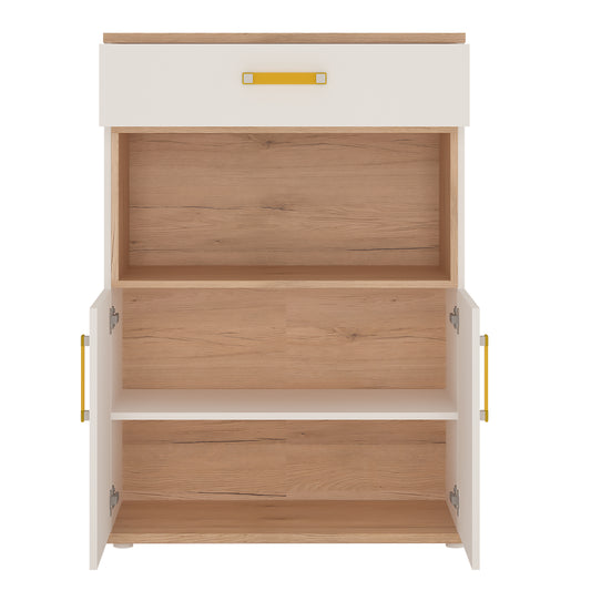 To Play 2 Door 1 Drawer Cupboard with open shelf in Light Oak and white High Gloss (orange handles)