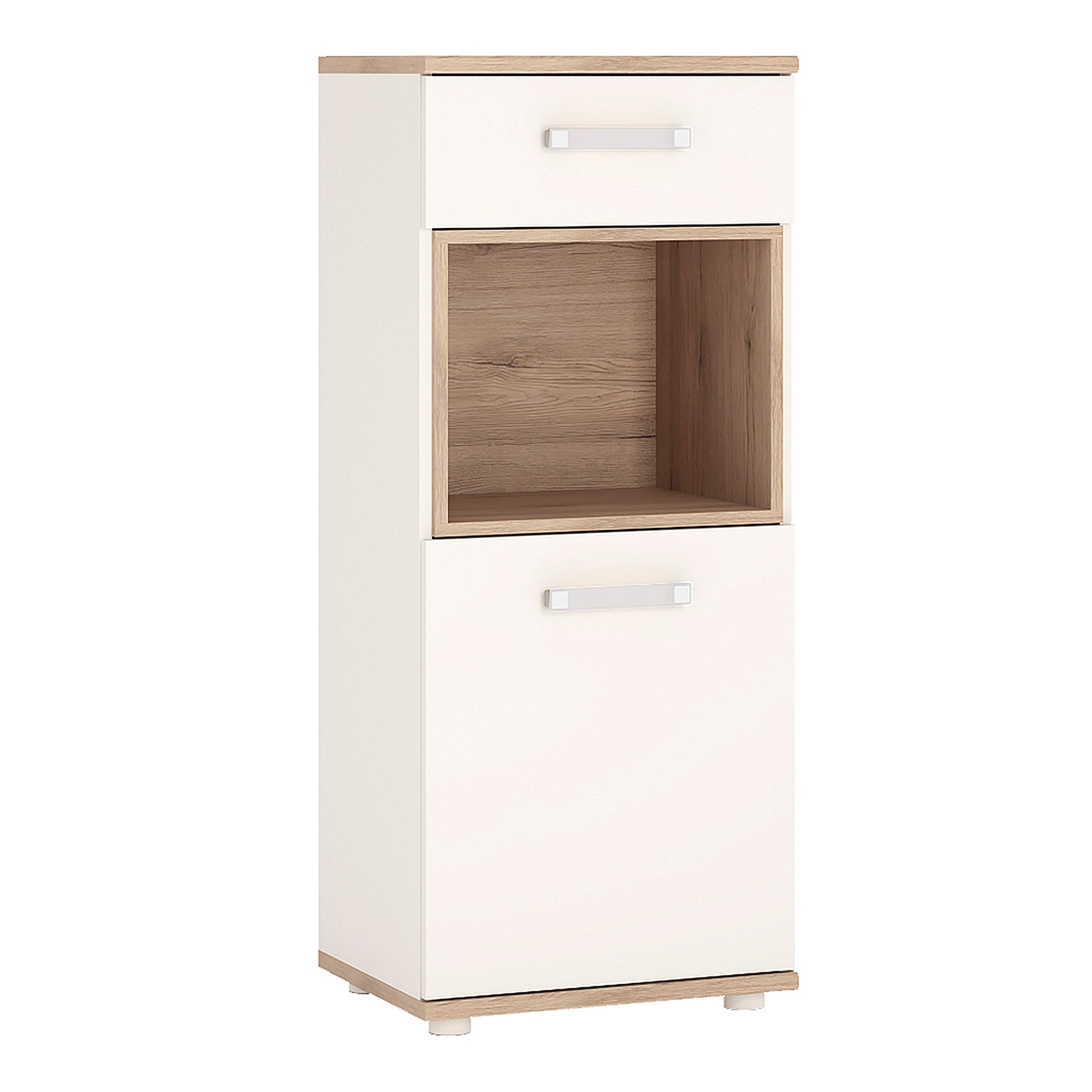 To Play 1 Door 1 Drawer Narrow Cabinet in Light Oak and white High Gloss