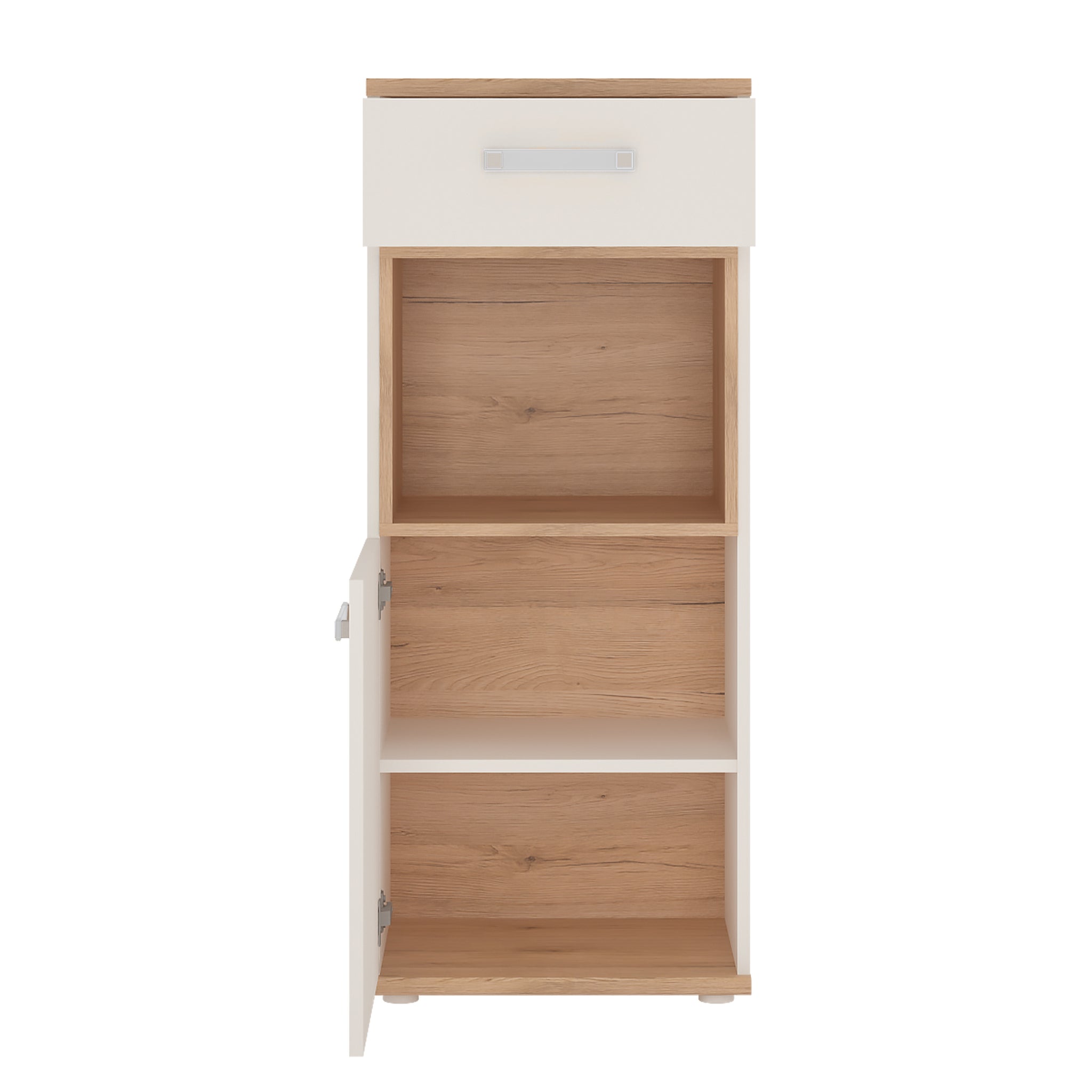 To Play 1 Door 1 Drawer Narrow Cabinet in Light Oak and white High Gloss