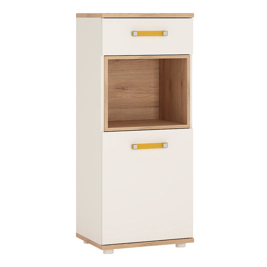 To Play 1 Door 1 Drawer Narrow Cabinet in Light Oak and white High Gloss (orange handles)