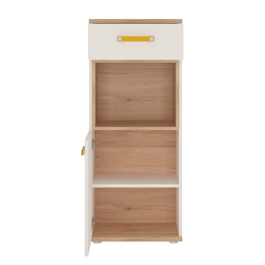 To Play 1 Door 1 Drawer Narrow Cabinet in Light Oak and white High Gloss (orange handles)