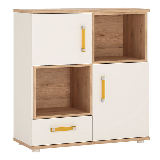 To Play 2 Door 1 Drawer Cupboard with 2 open shelves in Light Oak and white High Gloss (orange handles)