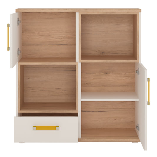 To Play 2 Door 1 Drawer Cupboard with 2 open shelves in Light Oak and white High Gloss (orange handles)