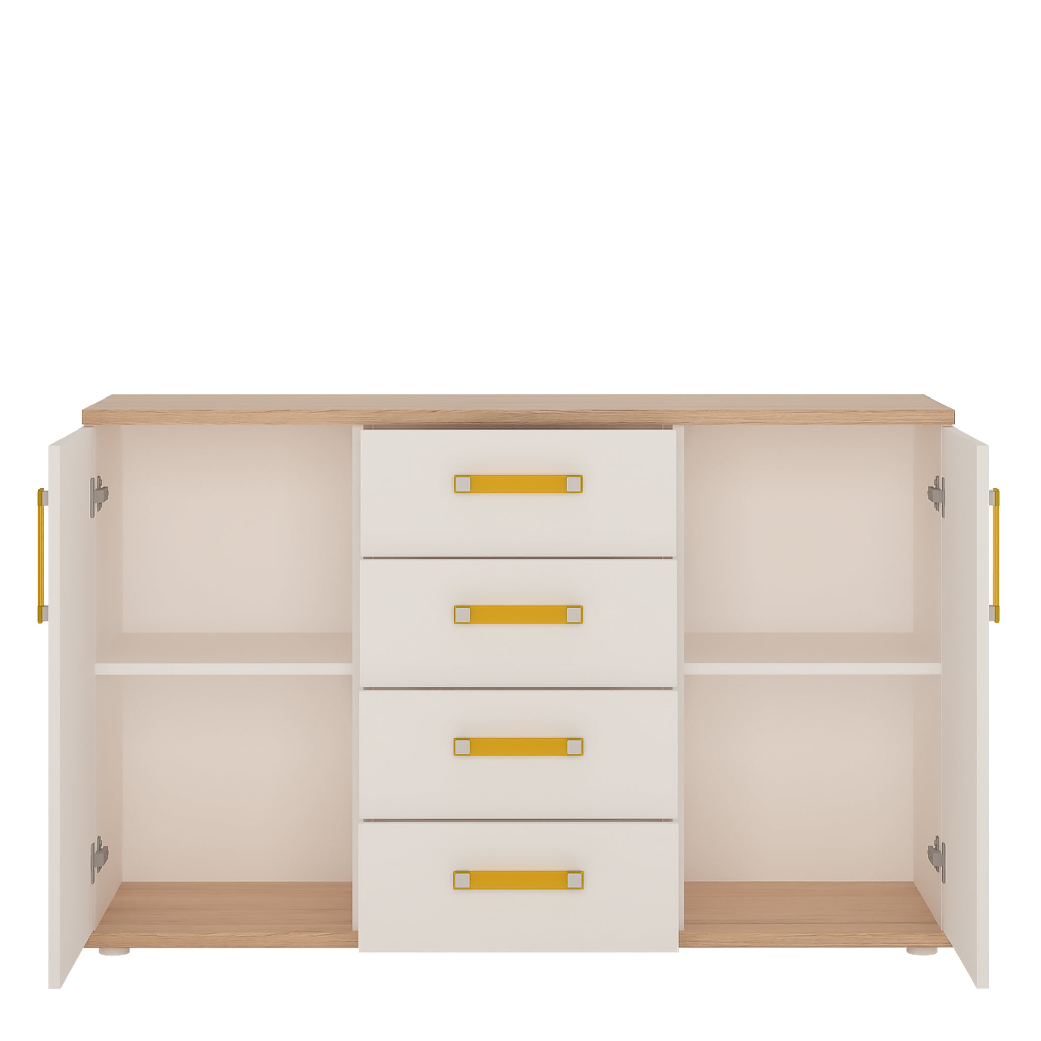 To Play 2 Door 4 Drawer Sideboard in Light Oak and white High Gloss (orange handles)