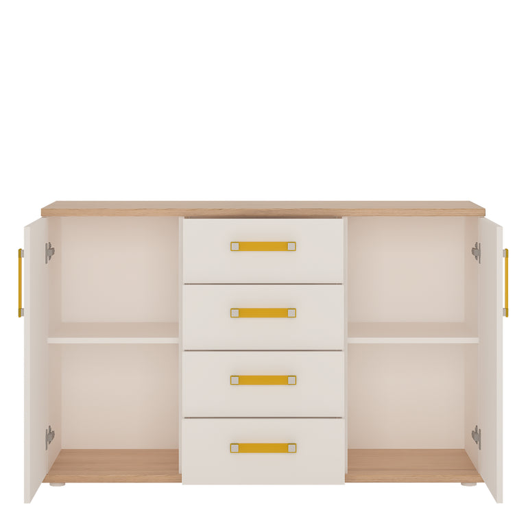 To Play 2 Door 4 Drawer Sideboard in Light Oak and white High Gloss (orange handles)