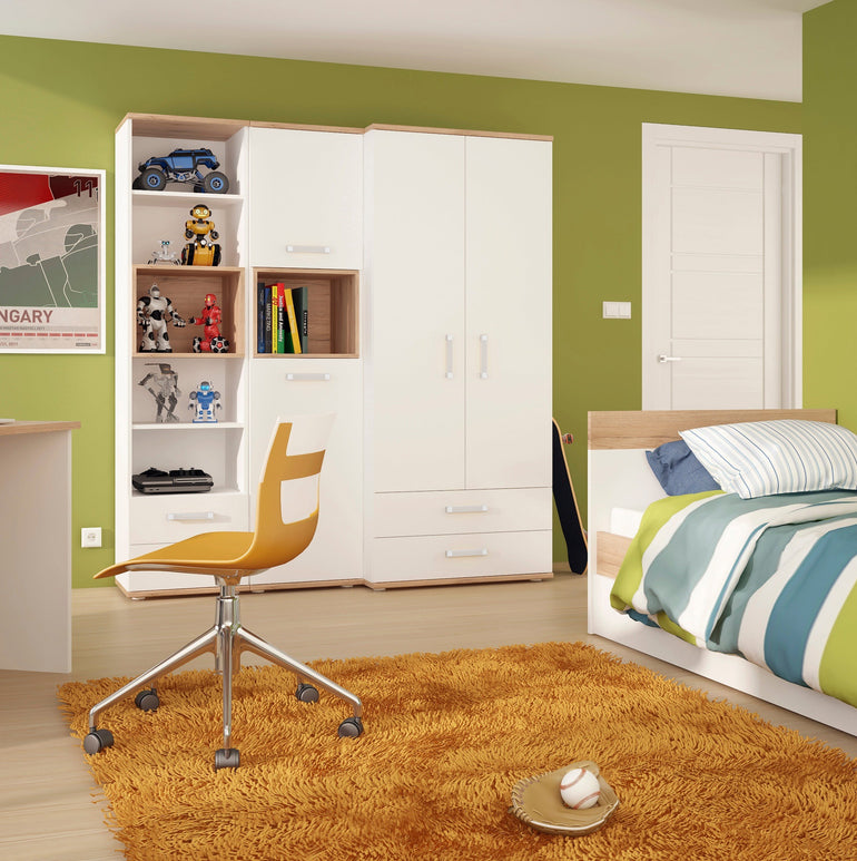 To Play Single Bed with under Drawer in Light Oak and white High Gloss