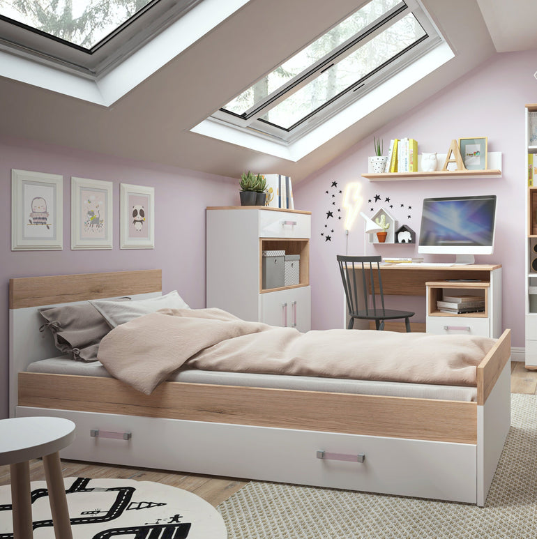 To Play Single Bed with under Drawer in Light Oak and white High Gloss