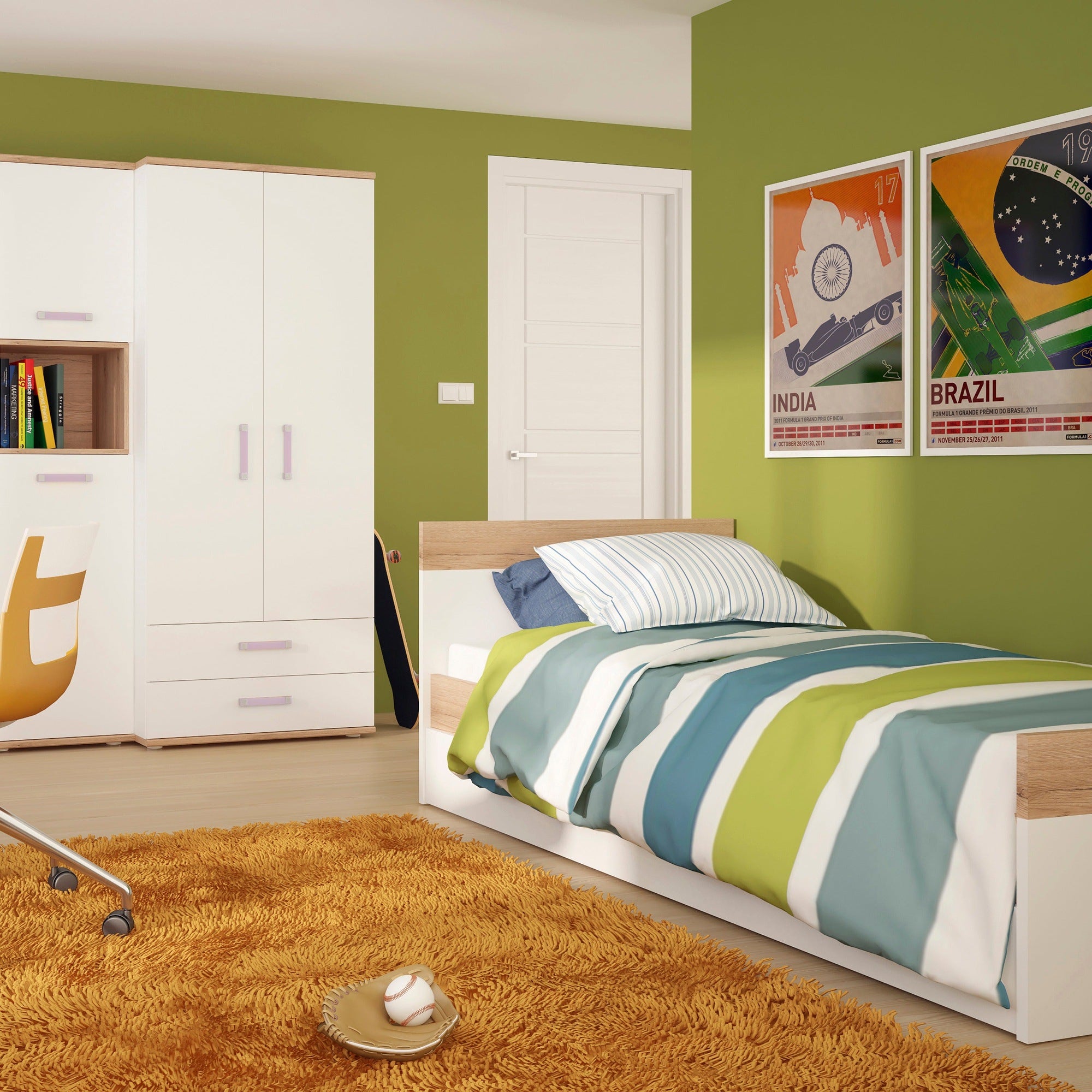 To Play Single Bed with under Drawer in Light Oak and white High Gloss