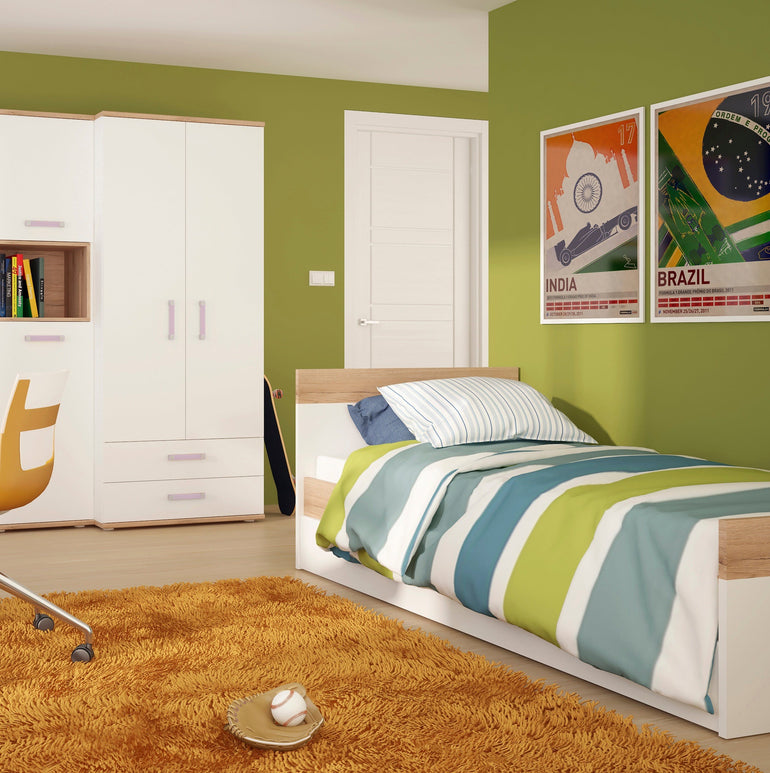 To Play Single Bed with under Drawer in Light Oak and white High Gloss