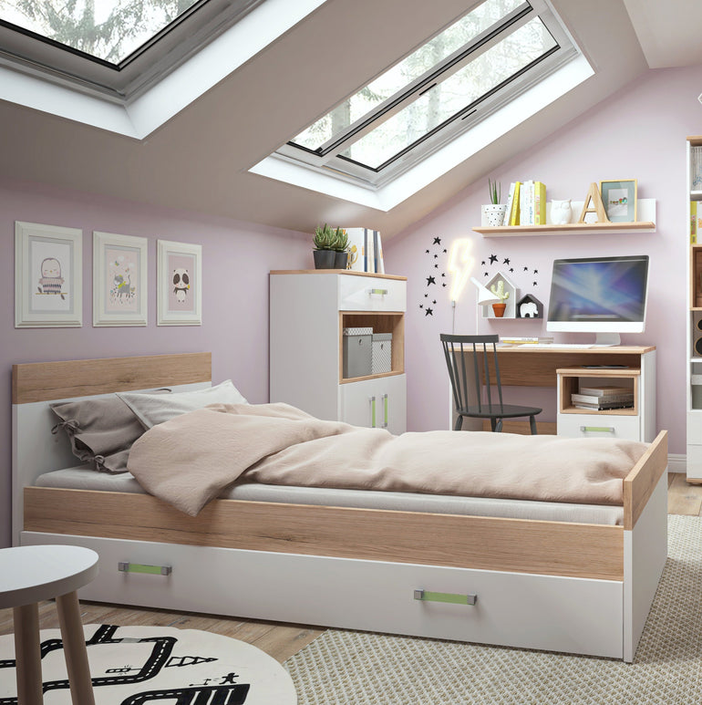 To Play Single Bed with under Drawer in Light Oak and white High Gloss