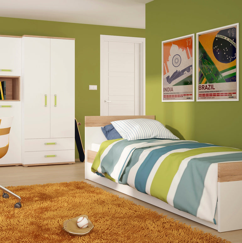 To Play Single Bed with under Drawer in Light Oak and white High Gloss