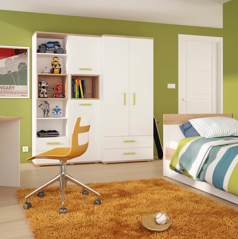 To Play Single Bed with under Drawer in Light Oak and white High Gloss