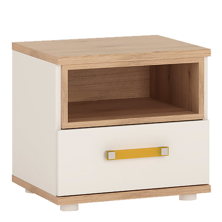 To Play 1 Drawer bedside Cabinet in Light Oak and white High Gloss (orange handles)