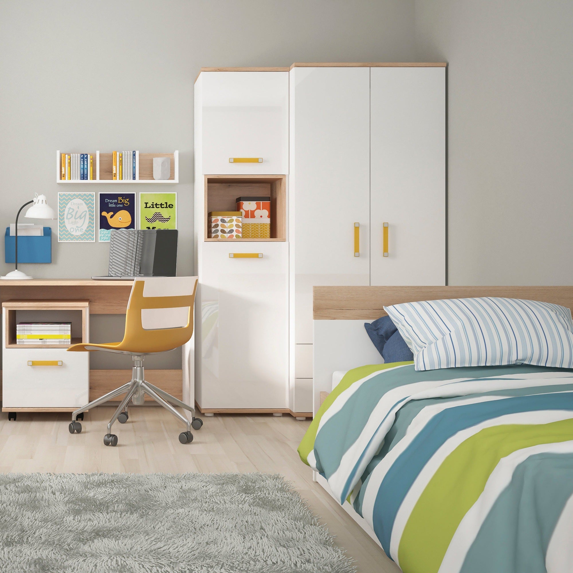 To Play 1 Drawer bedside Cabinet in Light Oak and white High Gloss (orange handles)