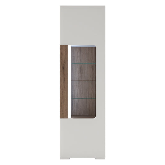 Toronto Tall narrow glazed display cabinet with internal shelves (inc. Plexi Lighting) In White and Oak