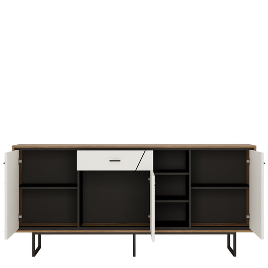 Brulo 3 door 1 drawer wide sideboard in Walnut and White