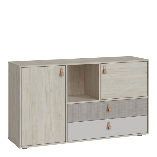 Canvas 2 Door 2 Drawer Sideboard in Light Walnut, Grey Fabric Effect and Cashmere