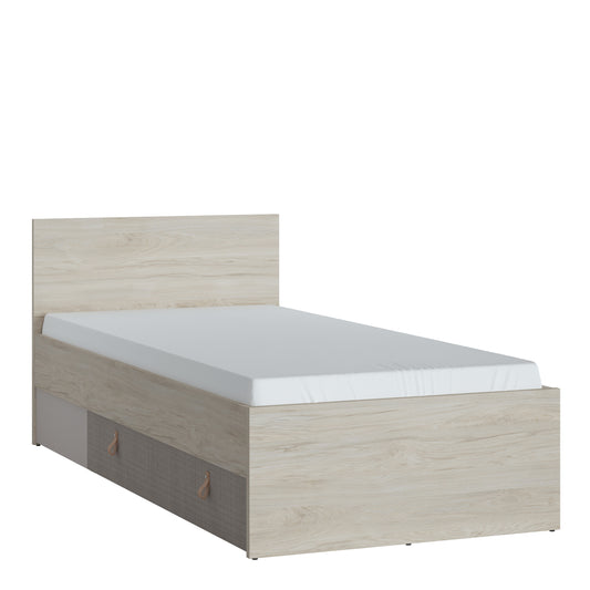 Canvas 90cm Bed with 1 Drawer in Light Walnut, Grey Fabric Effect and Cashmere