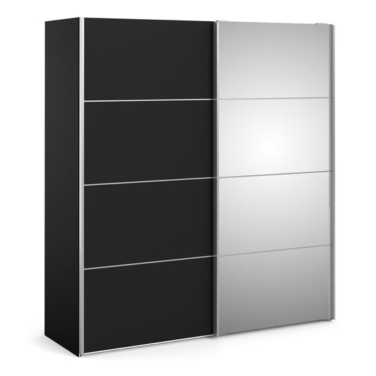 Verona Sliding Wardrobe 180cm in Black Matt with Black Matt and Mirror Doors with 2 Shelves