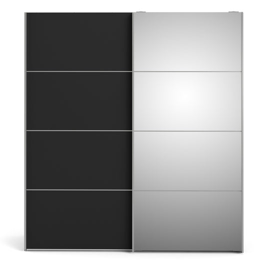 Verona Sliding Wardrobe 180cm in Black Matt with Black Matt and Mirror Doors with 2 Shelves