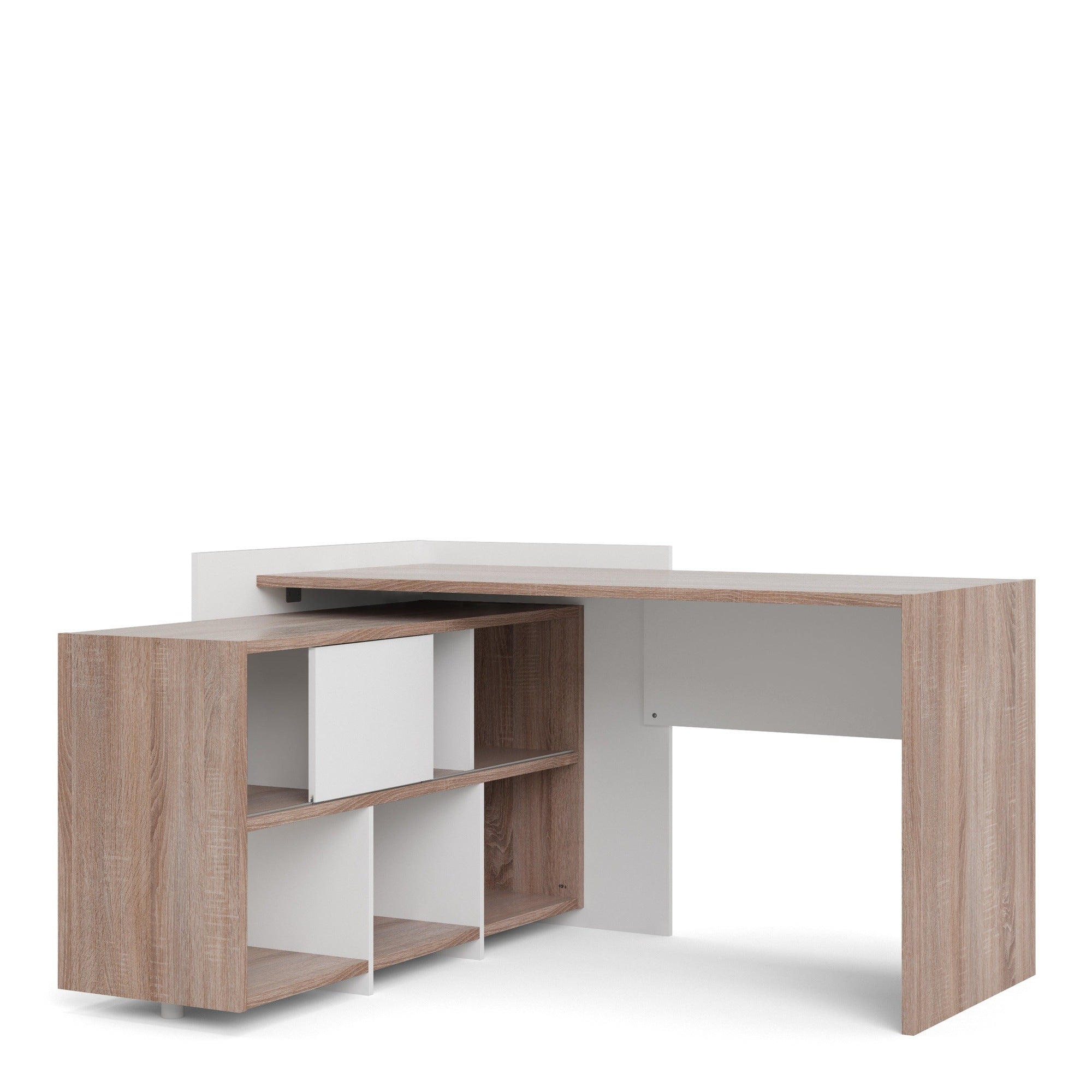 Utility Max Unit Desk with 6 Shelf Bookcase in White and Truffle Oak
