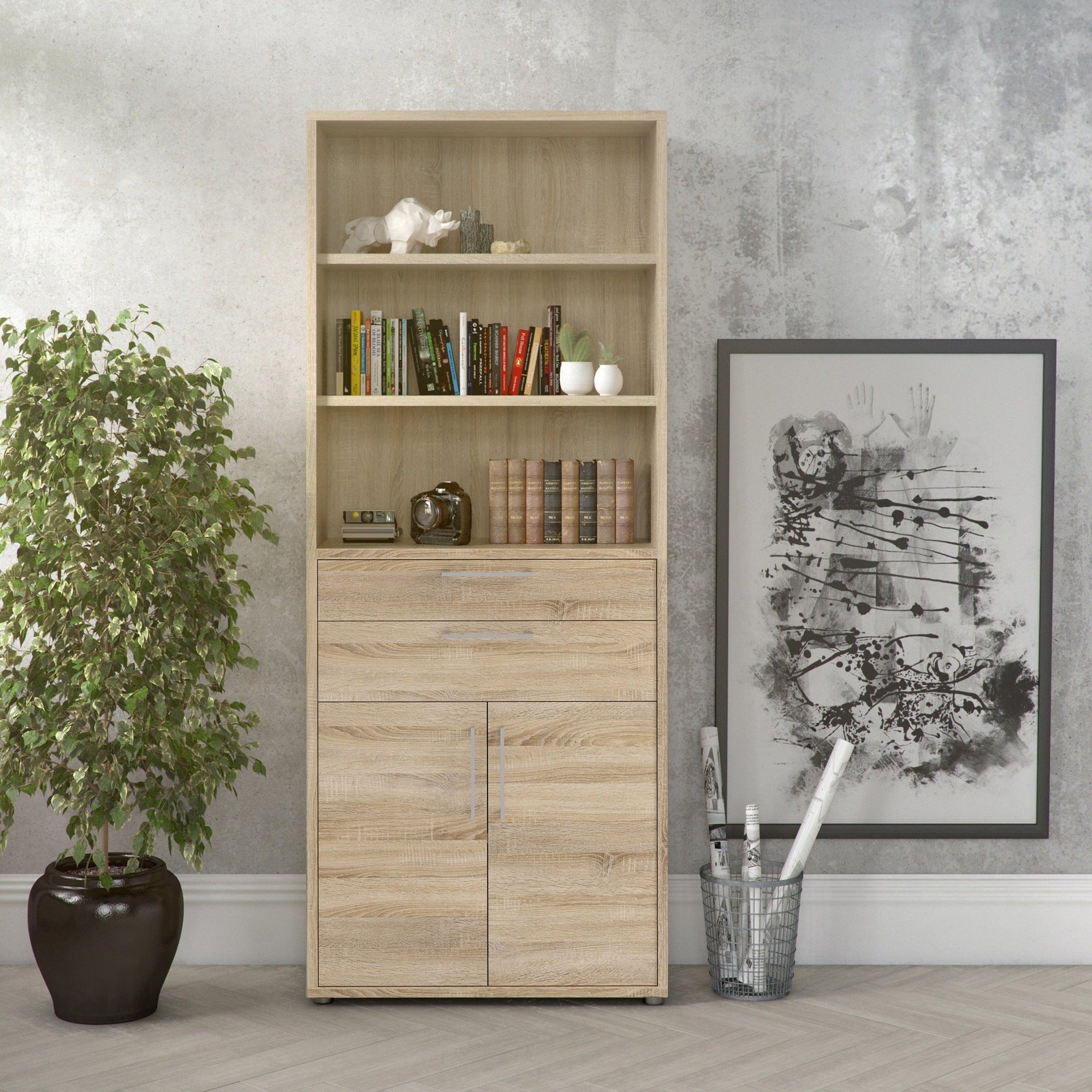 Prima Bookcase 3 Shelves With 2 Drawers And 2 Doors In Oak