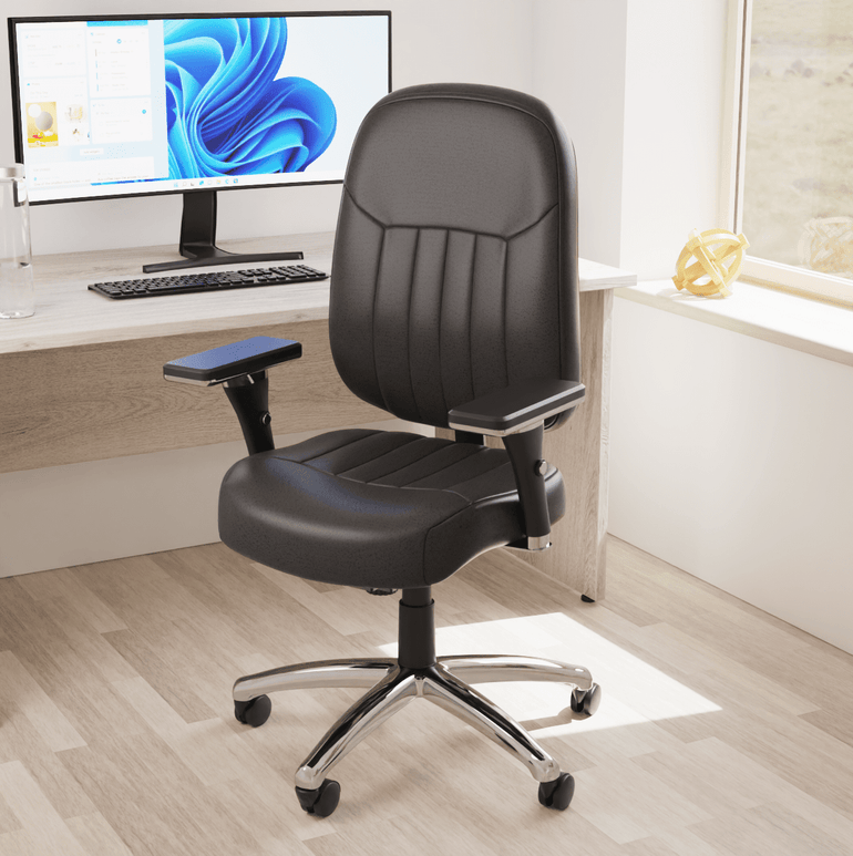 Barcelona Deluxe High Back Task Operator Office Chair with Arms, Blue Fabric, Chrome Frame, 158kg Capacity, 24hr Usage - Flat Packed