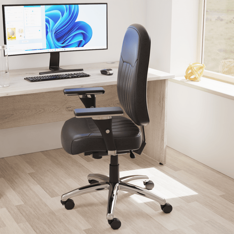 Barcelona Deluxe High Back Task Operator Office Chair with Arms, Blue Fabric, Chrome Frame, 158kg Capacity, 24hr Usage - Flat Packed