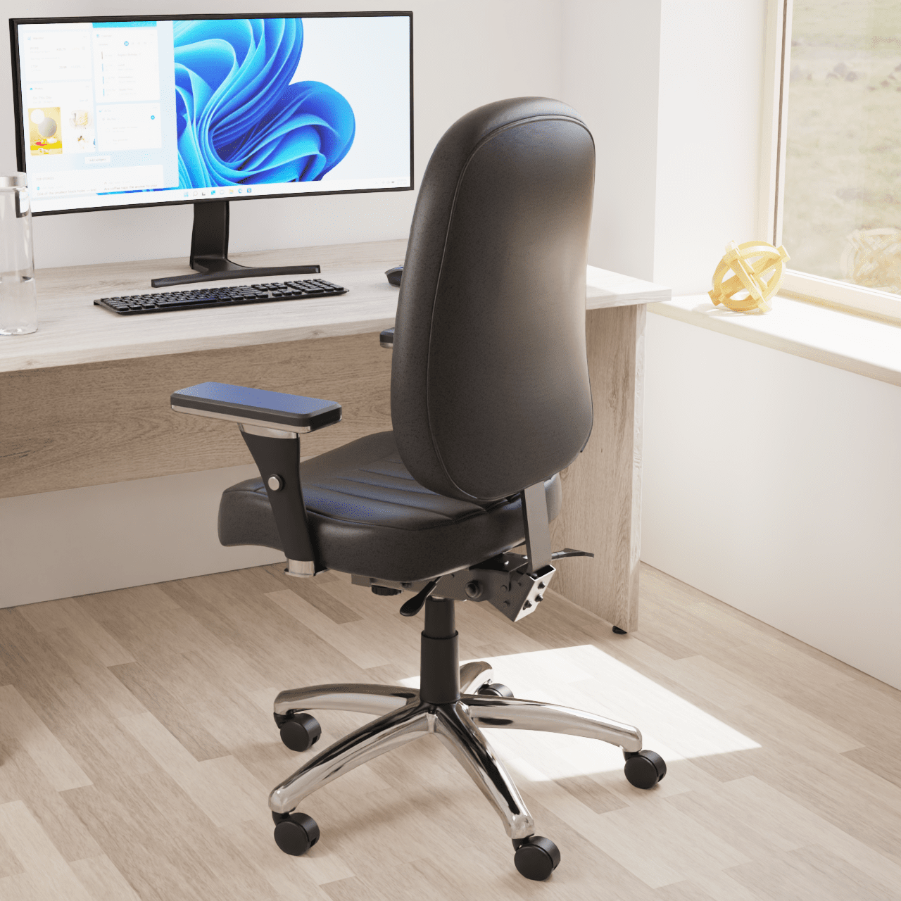 Barcelona Deluxe High Back Task Operator Office Chair with Arms, Blue Fabric, Chrome Frame, 158kg Capacity, 24hr Usage - Flat Packed