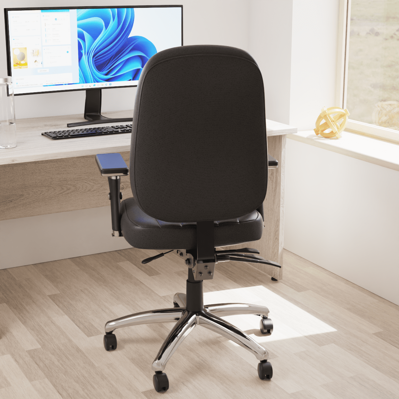 Barcelona Deluxe High Back Task Operator Office Chair with Arms, Blue Fabric, Chrome Frame, 158kg Capacity, 24hr Usage - Flat Packed