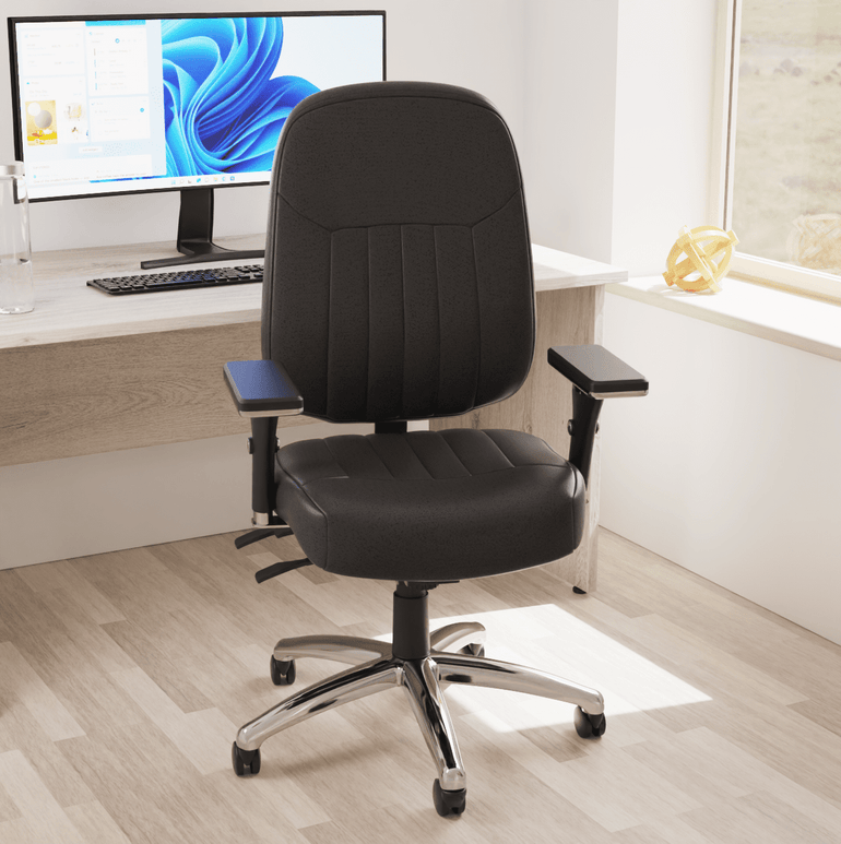 Barcelona Deluxe High Back Task Operator Office Chair with Arms, Blue Fabric, Chrome Frame, 158kg Capacity, 24hr Usage - Flat Packed