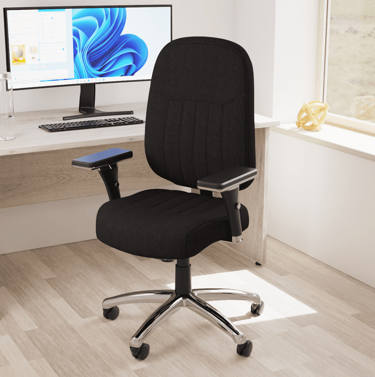 Barcelona Deluxe High Back Task Operator Office Chair with Arms, Blue Fabric, Chrome Frame, 158kg Capacity, 24hr Usage - Flat Packed