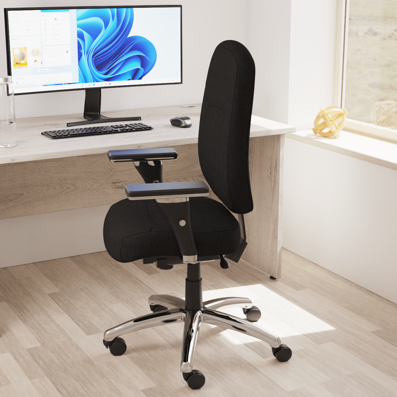 Barcelona Deluxe High Back Task Operator Office Chair with Arms, Blue Fabric, Chrome Frame, 158kg Capacity, 24hr Usage - Flat Packed