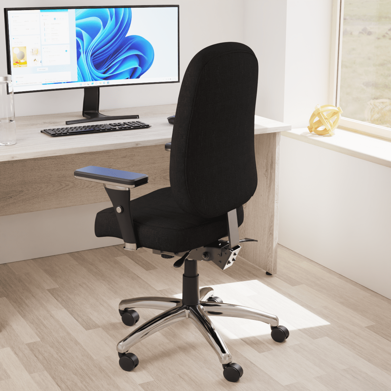 Barcelona Deluxe High Back Task Operator Office Chair with Arms, Blue Fabric, Chrome Frame, 158kg Capacity, 24hr Usage - Flat Packed