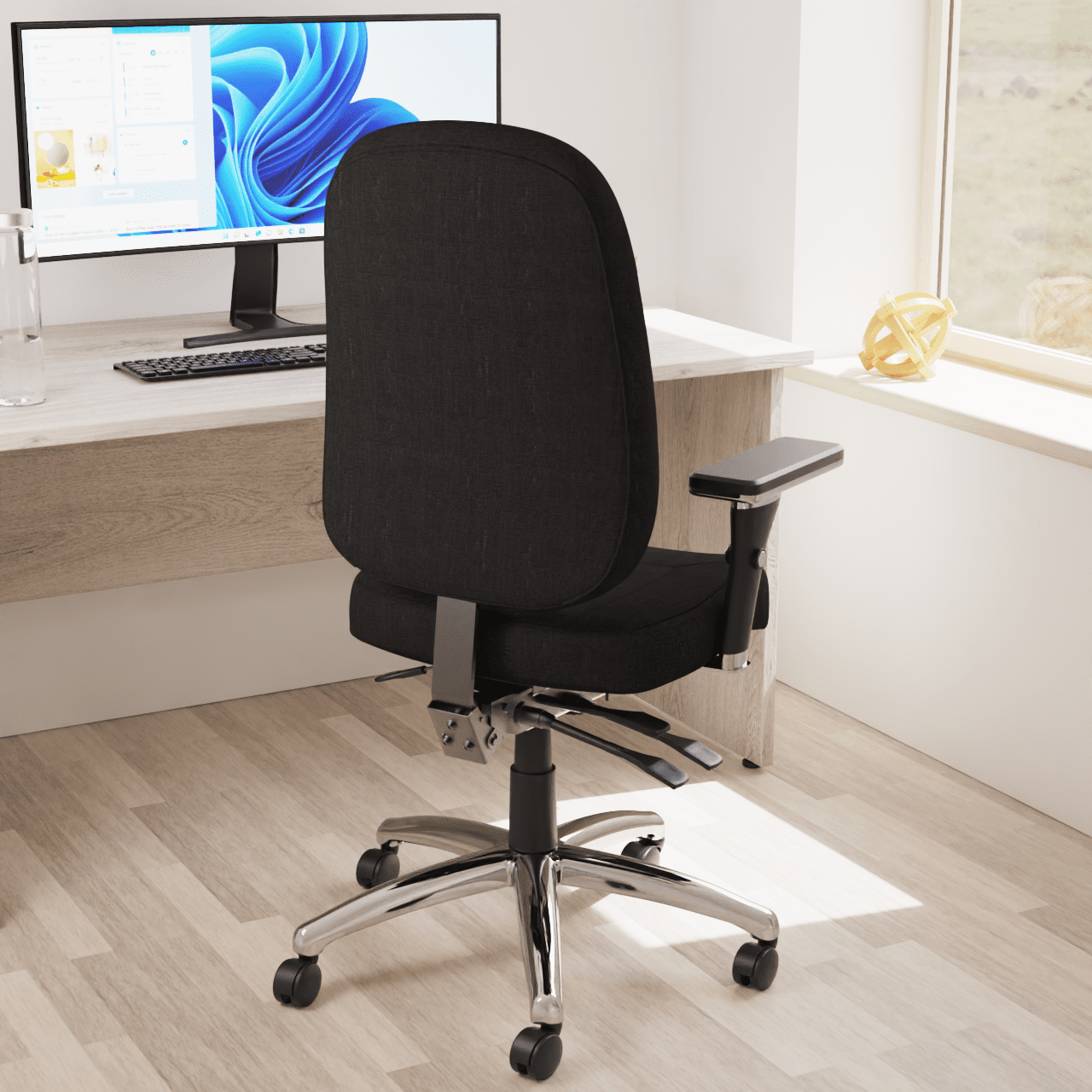 Barcelona Deluxe High Back Task Operator Office Chair with Arms, Blue Fabric, Chrome Frame, 158kg Capacity, 24hr Usage - Flat Packed