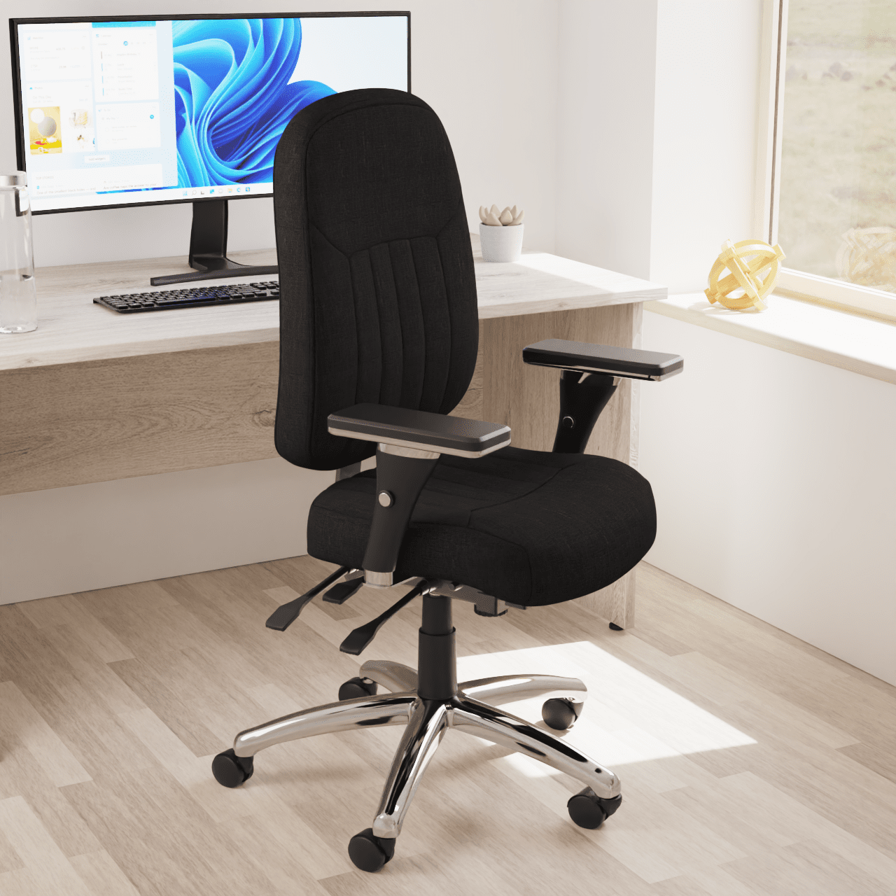 Barcelona Deluxe High Back Task Operator Office Chair with Arms, Blue Fabric, Chrome Frame, 158kg Capacity, 24hr Usage - Flat Packed