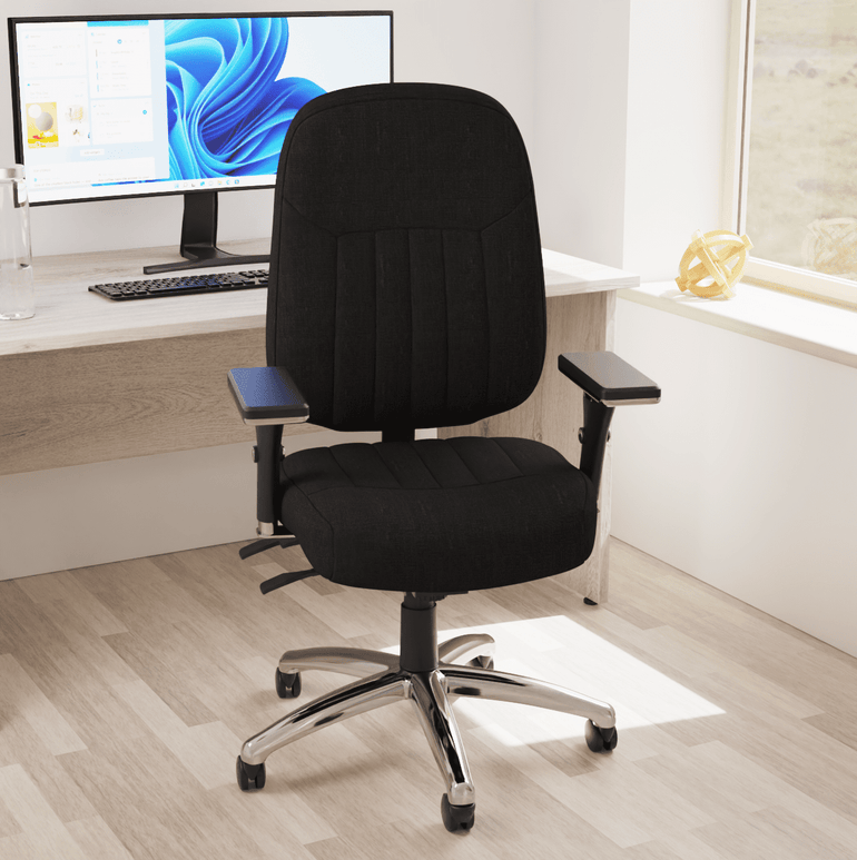 Barcelona Deluxe High Back Task Operator Office Chair with Arms, Blue Fabric, Chrome Frame, 158kg Capacity, 24hr Usage - Flat Packed