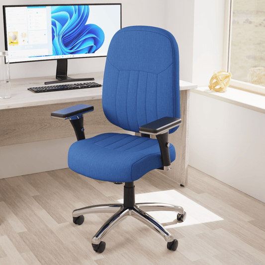 Barcelona Deluxe High Back Task Operator Office Chair with Arms, Blue Fabric, Chrome Frame, 158kg Capacity, 24hr Usage - Flat Packed